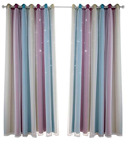 Nyescasa Sterne Vorhänge Kinderzimmer Verdunkelungs Vorhänge mit Voile Kinder Gardinen Doppelter Hohler Sterne Vorhänge Für Kinder Doppelschicht Vorhänge 1 Panel (Lila 53 B x 106 H)