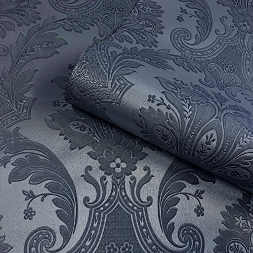 Heavy Duty Italian Vinyl Embossed Damask Design Dark Blue Navy Traditional Design