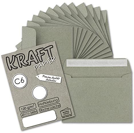 50x Briefumschläge DIN C6 Kraftpapier - Grau - Vintage Recycling Kuverts mit Haftklebung - 114 x 162 mm