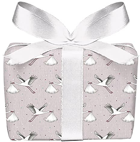 3er Set 3 Bögen Geschenkpapier zur Geburt STORCH MIT BABY ALTROSA Verpackung Geschenke Taufe Glückwunsch gedruckt auf PEFC zertifiziertem Papier, 50 x 70 cm