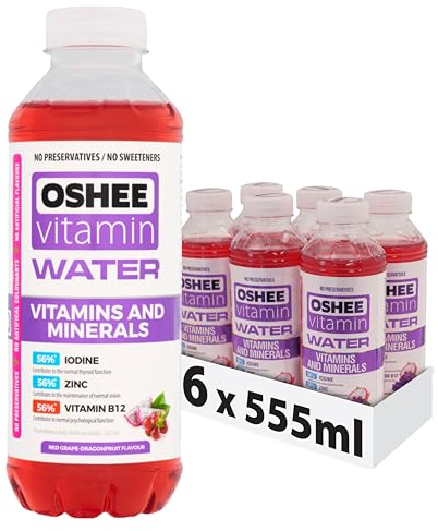 Oshee Vitamin Water Drink with Red Grape & Dragon Fruit 555ml (Pack of 6) - Niacin, Vitamin B6, Biotine, Vitamin B12) and Zinc – Hydration - Multipack