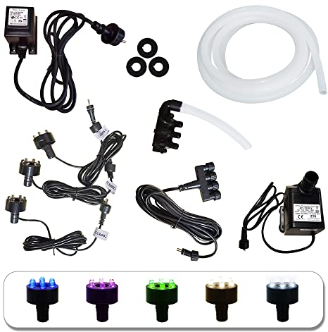 Köhko komplett Pumpe Set 1000L/H für Gartenbrunnen inkl. 3 LED-Beleuchtung (Kaltweiß), 3 Wege Wasserverteiler, 4-Fach Stromverteiler, Schlauch, 5m Verlängerungskabel, Tarfo und Schaumdichtung