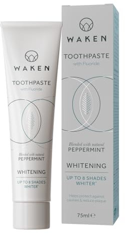 Waken Whitening Toothpaste, clinically tested whitening formula for up to 8 shades whiter teeth, prevents enamel stains, SLS-free, Vegan Friendly, 100% Recyclable, Natural Peppermint Flavour, 75ml