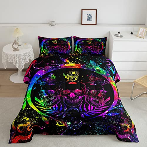 Erosebridal Regenbogen-Batik-Bettwäsche-Set, Boho-Todes-Totenkopf-Bettwäsche-Set, Trippy-Galaxie-Bettwäsche-Set, Aquarell-Mondphase, Sternzeichen-Bettwäsche-Set, Daunen, Queen-Size-Größe
