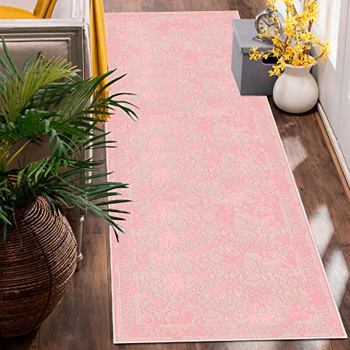HomeNette Waschbarer Läuferteppich, 60x200 cm, rutschfest, schmutzabweisend, wasserdicht, rosa Läufer für Flur, Eingangsbereich, Waschküche, Wohnzimmer, Badezimmer, Küche, Tokyo Collection Area Rugs