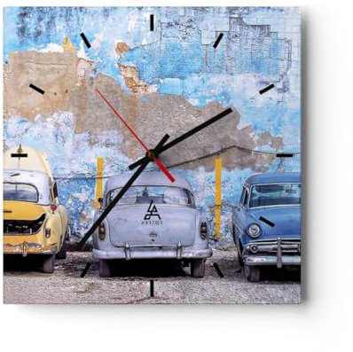 Modern Wanduhr Havanna Oldtimer Autos 40x40cm Quadrat Groß Wand Uhr Glas Analog Zimmeruhren Küche Büro Wohnzimmer Glasuhr Wall Clock Dekoration Design Wanddekoration Küchenuhr C3AC40x40-4376