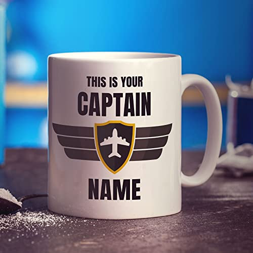 This is Your Captain Personalised Mug - Add Any Name - Custom Gift for Pilot, Flyer, Plane Captain - Present for Birthday, Christmas - Mug for Him, Her, Mum, Dad, Husband, Colleague - 11oz Ceramic Cup