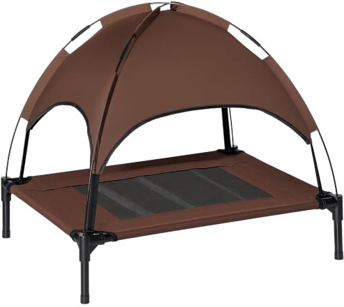 PawHut Outdoor Dog Bed Removable Canopy Meidum Pets 76 x 61 x 73 cm Brown | Portable Raised Dog Bed for Camping Garden & Beach, Water-Resistant UV-Protection Mesh Pet Cot Sun Lounger
