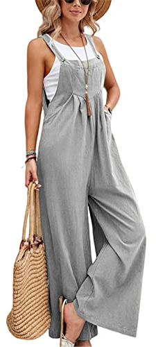 SotRong Salopette da donna UK a gamba larga tuta con tasca vestibilità ampia tute estive boho pagliaccetto senza maniche con spalline, Grigio chiaro, L