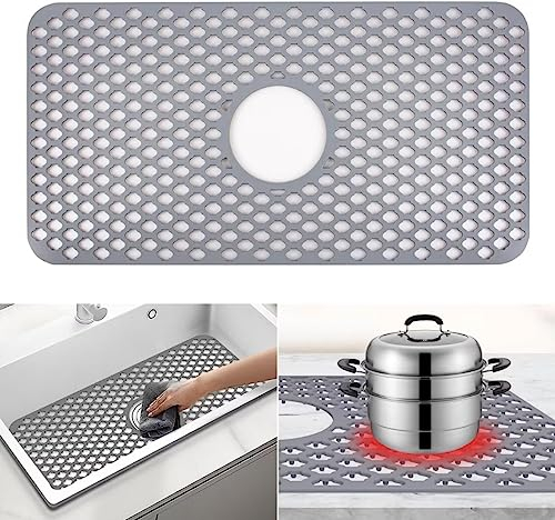 Silikon Spülbeckenmatte, Spülbeckeneinlage zuschneidbar 66 x 35cm, Spülbeckenschutz Zusammenklappbar, Hitzebeständig und rutschfest Küchen (Grau-Mittelloch-63x33)