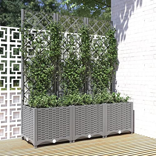 JUNZAI Pflanzkübel mit Rankgitter, Pflanzkasten, Blumenkasten, Blumenkübel, Blumentopf, Pflanztrog, Pflanzkiste, Tomaten Kübel, Hellgrau 120x40x136 cm PP