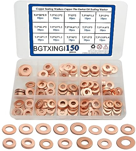 BGTXINGI Lot de 150 rondelles d'étanchéité en cuivre de 15 sortes, joint plat en cuivre, boîte de rondelle d'étanchéité d'huile