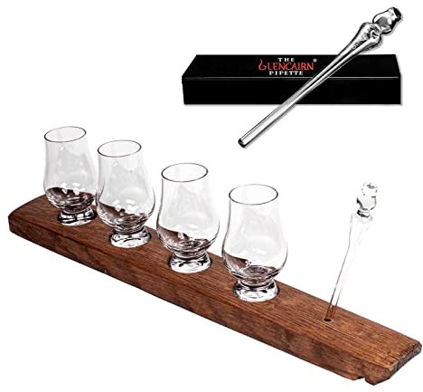 The Wee Glencairn Whiskey Flight Stave - Crystal Bourbon Glass Kit with Reclaimed Oak Barrel Stave Serving Tray, Mini Glen Cairn Whisky Glass Set of 4 & Whiskey Glass Pipettes Dropper