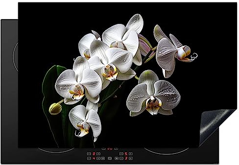 KitchenYeah© Coperchio Piano Cottura 76x51 cm Cucina Copri Fornelli Tappetino Induzione Antiscivolo Piastra Protezione Orchidea - Fiori - Bianco - Naturale - Nero