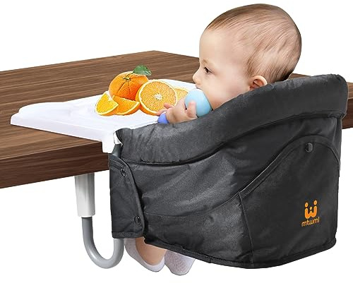 MTWML Hook On High Chair with Tray, Collapsible Portable Table Seat | Fits 20-85 mm tables, removable washable tray & liner, quick clip-on, for babies 6-36 months up to 15kg, with travel bag