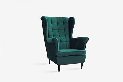 Kaiser Möbel Lounge Sessel Rest - Klassische Ohrensessel mit Armlehnen, Retro Stuhl aus Stoff mit Holz Füßen, Polsterstuhl für Esszimmer & Wohnzimmer, Stoff Velour Grün