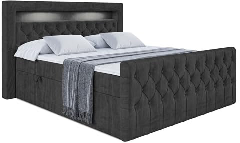 ALTDECOR Boxspringbett mit Matratze und Lattenrost, LED Boxbett, Topper, Fußteil, Polsterbett mit Bettkasten, Bett mit Stauraum H4-Matratze, Doppelbett - Aurora - 120x200 - Schwarz Samt