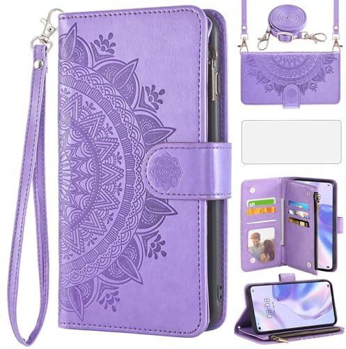 Asuwish Coque pour Huawei P40 Lite 5G Portefeuille avec Verre Trempé et Cordon Porte Carte Chaine PU Cuir à Clapet Mandala Étui Housse Support Hawaii P40Lite P 40 40Lite Téléphone Case Femme Violet