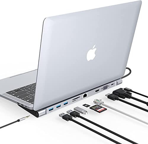 Docking Station USB C 10 in 1, USB C Hub Triple Display Laptop Hub Stand, Adattatore USB C per MacBook & Windows (4K HDMI, VGA, PD 100W, Ethernet, SD/TF Card Slot, audio 3,5 mm, 3 porte USB)