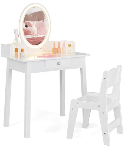 RELAX4LIFE Toeletta Trucco per Bambina con Luci LED, Specchiera Trucco con Sgabello, Toeletta in Legno, Specchio Rimovibile, per Bambini 3+ Anni (Bianco)