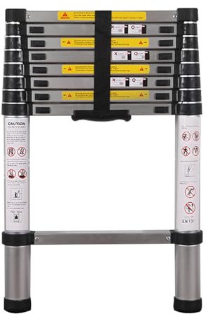 SINZUX Telescopic Ladder 2.6M/8.5FT, Stainless Steel Loft Ladder Extendable, Max Load 150kg/330lb, Adjustable Step, for Decorating, Painting