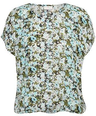 KAFFE Ärmellose Bluse KAamber Damen Bluse Kurzarm Print Shirt Rundhals Locker Oberteile Fledermaus Blue/Green Abstract Flower 34