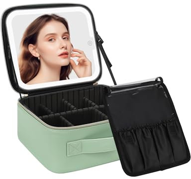 Chomeiu Makeup Bag with LED Mirror Makeup Case Travel Portable 3 Colors Lights, Green, Standard, Travel Makeup Bag for Women