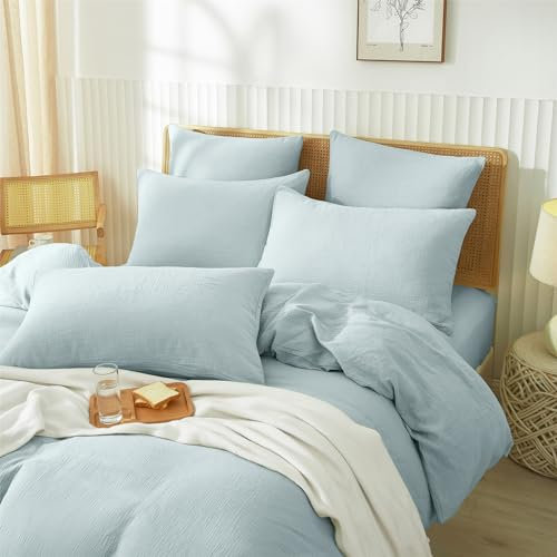 YASMENG Doppelte Muslin Bettwäsche 135x200 Blau Bettwäsche Muslin 100% Baumwolle Bettwäsche Weich Atmungsaktiv Kuschelige Bettbezug Set 2teilig mit Reißverschluss und 80x80 cm Kissenbezug