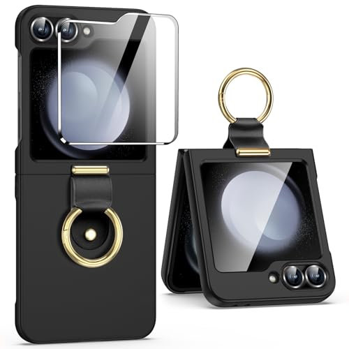 Fewdew Cover per Samsung Z Flip 6,Cover Z Flip 6 con Protezione Dello Schermo Posteriore & Ring,Hard PC Ultra Sottile Shockproof Protettiva Custodia Cover Case per Samsung Galaxy Z Flip 6,Nero