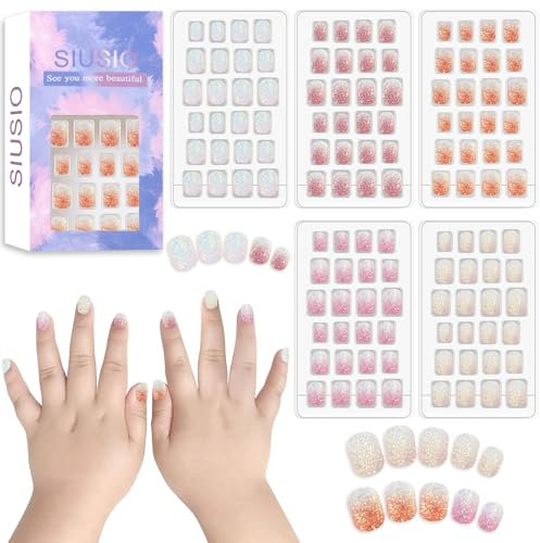 SIUSIO 120Pcs 5 Pack Presse auf Nägel Kinder Acryl gefälschte Nägel Netter Vorkleber Vollabdeckung Gradient Farbe Regenbogen Kurzer Stick auf Falsche Nail Art Kits Set für Kinder Kleine Mädchen