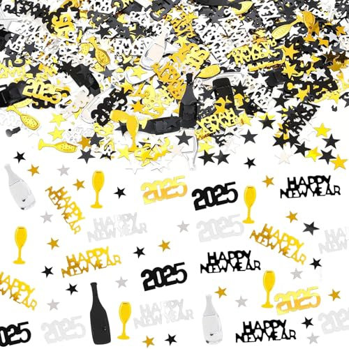 Mainiusi 1000 Stück Konfetti Silvester Deko 2025 - Glitzer Happy New Year Streudeko Tischdeko Gold Schwarz für Neujahr, Weihnachten