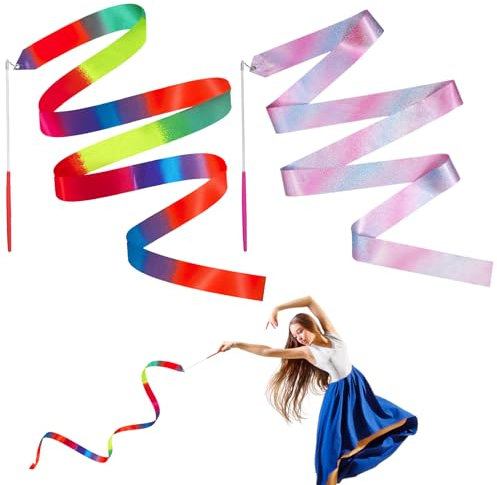 JINSIHU 2 Pezzi Nastri da Ballo, 4 m Nastro da Ginnastica Ritmica Nastri da Danza Dance Ribbons Ginnastica Ritmica Bacchetta Ginnastica Ritmica Bacchetta per Talentshow Allenamento Artistico di Danza