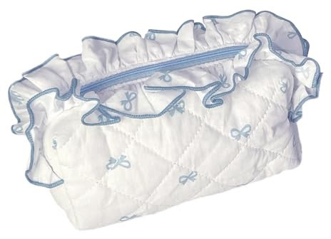 Aikeis Graziosa borsa per il trucco in cotone trapuntato, fodera a scacchi con cerniera, per donne e ragazze, borsa cosmetica da viaggio Kawaii (azzurro), Azzurro, Fiocco in pizzo