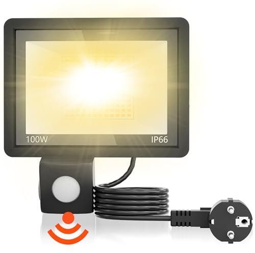 SUBTLETY 100W Außen Sicherheitsbeleuchtung mit Bewegungsmelder Sensor LED Strahler IP66 Aluminium Baustrahler Superhelle Scheinwerfer Fluter Außenlampe für Garten Garage Gehwege (Warmweiß mit Stecker)