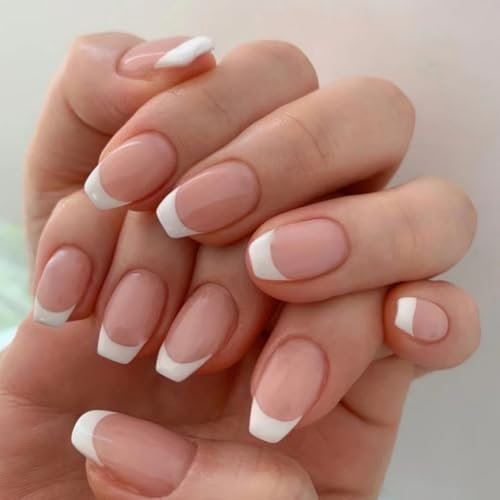 SXVME 30 Pcs Acrylic Press on Nails Medium Short Coffin, White French Tip False Nails Short Ballerina, Natural Nude Fake Nails Set Classic Soft Gel Stick on Nail for Women Daily Wedding Wear
