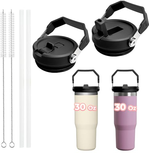 ZOSIX New Upgraded 2PCS Designed for Stanley Cup 30 oz Flip Straw Lid, Leak Proof Lid, Spill Proof Tumbler Lid Cup Lid Replacement for Stanley 30 oz Tumbler with Handle, Black