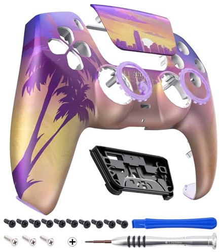 eXtremeRate Luna Cover per ps5 Controller Joystick,Shell Frontale Touchpad Ricambio,Scocca Ridisegnata&Anelli per ps5 Joypad BDM 010/020/030/040/050-Neon Miami