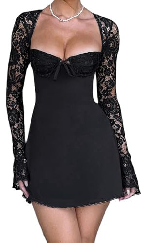 LYSINK Women Mini Lace Dress Low-Cut Lace Floral Long Sleeve Backless Lace Up Bodycon A-Line Short Dress Cocktail Streetwear (Ba Black, S)