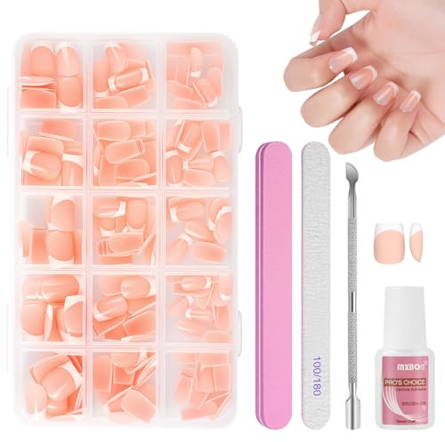 BUTBU Uñas Postizas Francesas Cortas, 240 Piezas Uñas Pequeño Redondo, 15 Tamaños Nail Kit de Tips Uñas Gel con Pegamento, con Empujador de Cutícula Lima Uñas, para Salones Uñas, Manicuras DIY