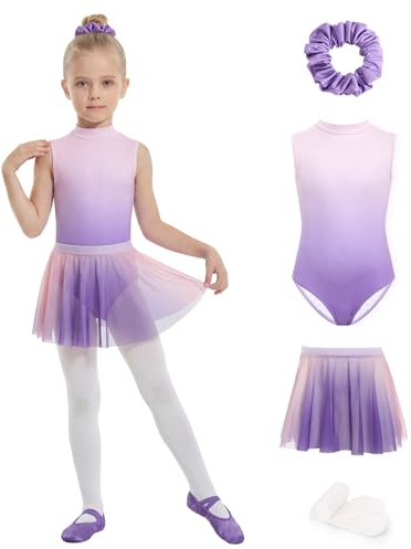 JiAmy Mädchen Tanz Set Farbverlauf Tüllrock Haarreif 4-5 Jahre, Lila | Größe 110, 86% Polyester 14% Elasthan, 4-teilig, Strumpfhose, Tüllrock, Stretchstoff, Rückenöffnung, Ballettunterricht