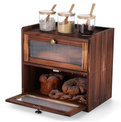 TOPBATHY Wooden Bread Box Wood Double Layer Bread Bin - Rustic Kitchen Storage Holder for Food Large Capacity Countertop Organizer Easy Clean Design