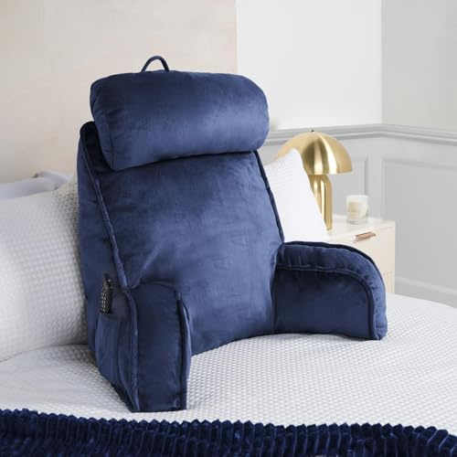 OHS Reading Pillow for Bed Adult, Detachable Neck Roll Cuddle Cushion with Head Rest High Back Support Cushion with Arms & Pocket Gaming Cushions for Boys Girls Sit Up in Bed Pillow, Navy Blue