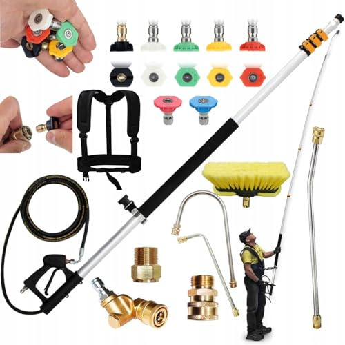 PowerReach ProMax 6,3 m – Teleskop-Hochdruckreinigerlanze | 4000 PSI | 7 Düsen | Set mit abgewinkelten Spitzen, Bürste und Tragegurt