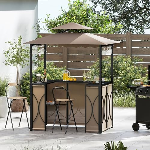 GOPLUS 4 Pcs Ensemble Salon de Bar, Abri Barbecue Jardin Exterieur avec Auvent Latéral, Table de Bar, 2 Tabourets Pliants, Crochet et 4 Rangées Porte-Verres (Café|Auvent|Chaises)