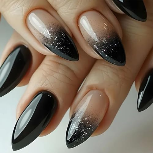 Nymora 24 Stück Schwarz Press On Nägel zum Aufkleben, Mandelförmige Kunstnägel für Frauen Mädchen, Mittellange Stiletto Nägel mit Glitzer, Jelly Gel Wear Kit