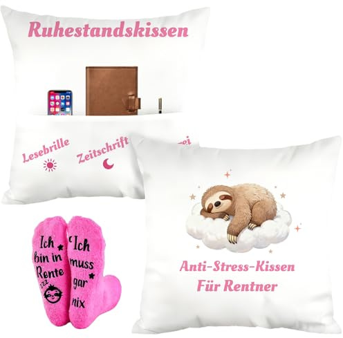 PIujsym Flauschiges Kissen und Socken Set, das ideale Ruhestand Geschenk für Kolleginnen, lustige Geschenke zum Entspannen, tolles renteneintritt Geschenk Frau für einen neuen Alltag