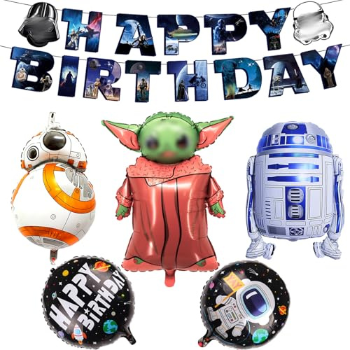 6 Stück Star Krieg Geburtstagsdeko Folienballon Set, Cute Kindergeburtstag Deko Cartoon Luftballons Geburtstag Dekoration Set mit Banner für Kinder Jungen Mädchen Wars Themenpartys Dekorationen
