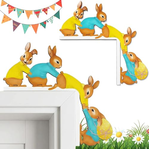 YeahBoom Türrahmen Deko Ostern,Osterhase Deko aus Holz,Lustige Osterdeko Tür,Osterdekoration mit Osterhase Mustern,Ostern Türrahmen Dekoration,für Frühlingsdeko Rahmen Eckdeko Tischdeko