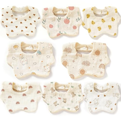 xolear 8 Piezas Baberos Bebe, Muselina 100% Algodón Bebe Bandanas con Broches Ajustables, Patrón de Flores Babero de Muselina Suave Absorbente, para Niños y Niñas para Babear Dentición Eructar, B
