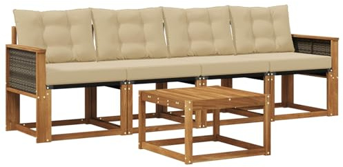 vidaXL Outdoor-Sofagarnitur mit Kissen 5 pcs Natur und Beige, Garten Sofaset, modernes Wohnmöbel, entspannende Couch für Terrasse und Außenbereich